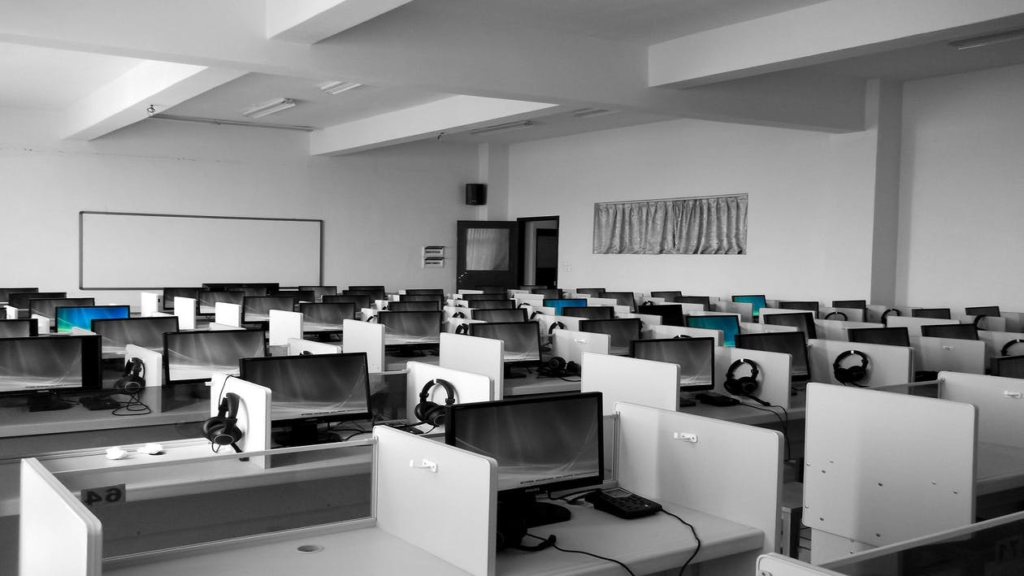 an empty office with modern VoIP systems